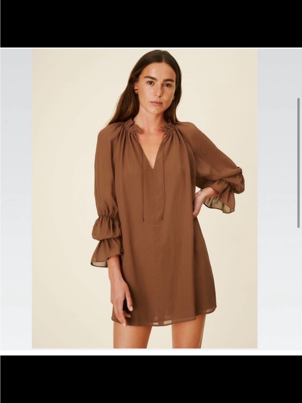 Reformation Brown Long Sleeve Ruffle-Sleeve Mini Dress